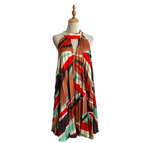 Anthropologie Hutch Halter Pleated Swing Mini Dress Brown Pattern Size Large NWT - Picture 2 of 13